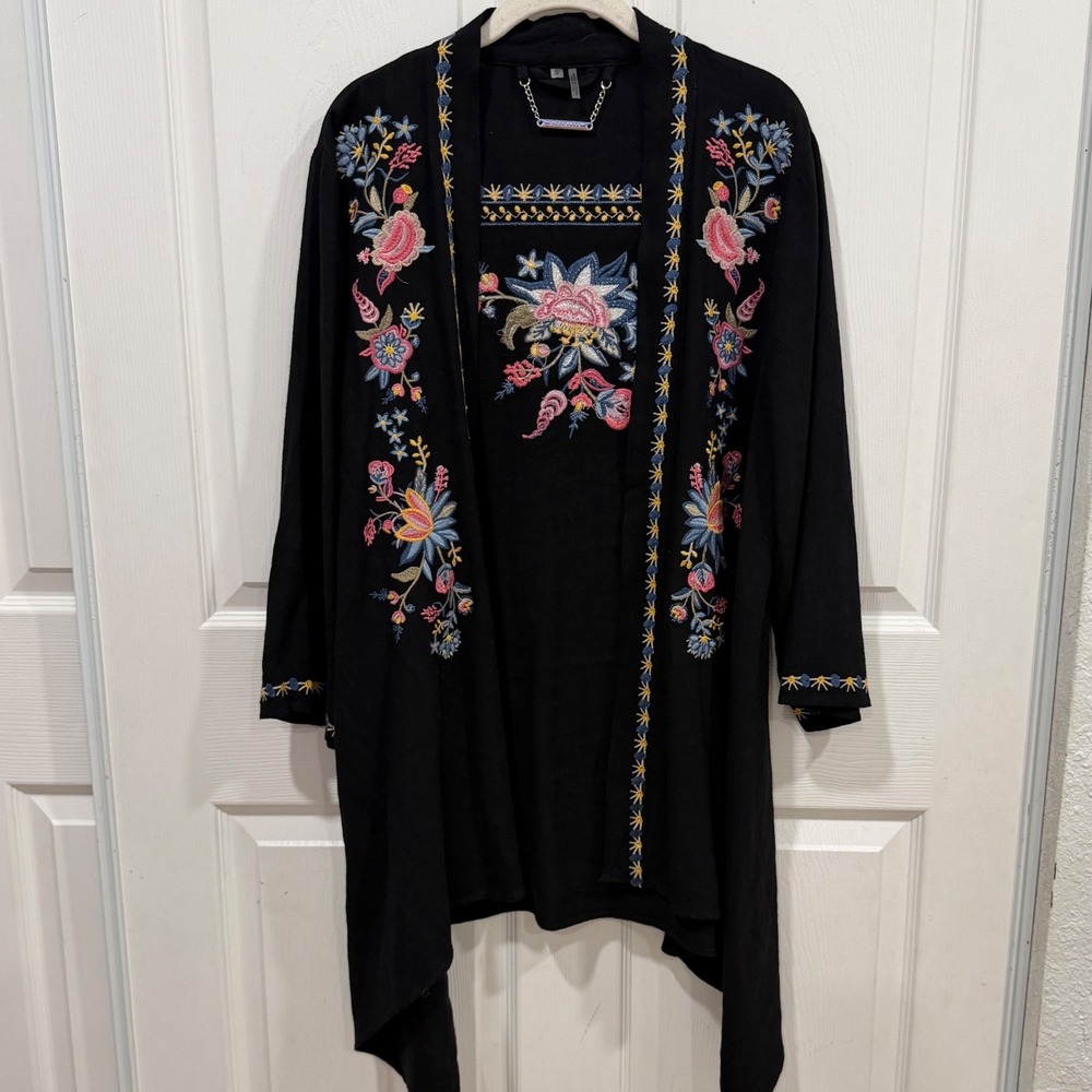 Paparazzi Black Floral Embroidered Linen Cotton Open Front Cardigan Small
